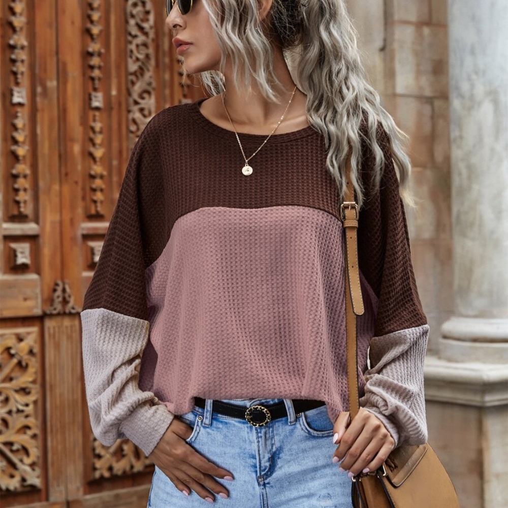 oversized color block knit waffle long sleeve top - Picture 1 of 11